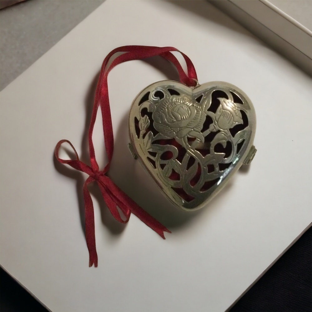 Vintage Lenox Kirk Steiff Silverplate Large Heart Box Ornament With Ribbon 4.5”